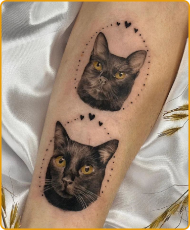 Tattoo realista de dois gatos cinza/preto com corações em volta.